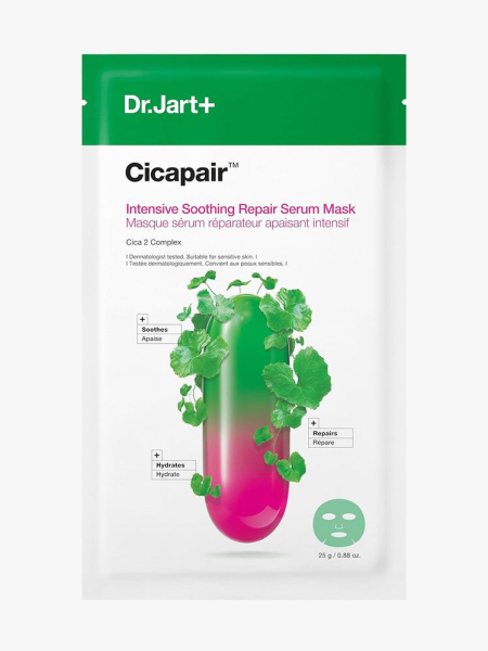 Dr. Jart+ Cicapair Intensive Soothing Repair Serum Face Mask white and green sheet mask packet on light gray background